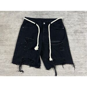 Shein Denim Jean Shorts Mens Small Black Drestroyed‎ Rope Belt Cotton Blend